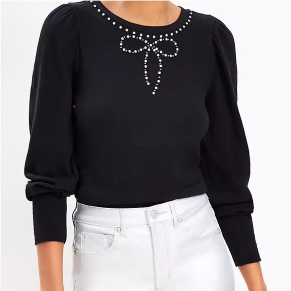 NWT LOFT Sparkle Bow Black Pullover Sweater Size SP - Picture 1 of 7